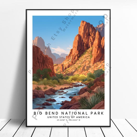 Big Bend National Park Illustration Print Poster Art Desert Landscape Wall Decor Nature Scenic Artwork Gift Unframed