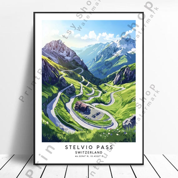 Stelvio Pass Road Illustration Art Alps Switzerland Poster Home Dcor Wall Print Decor Winding