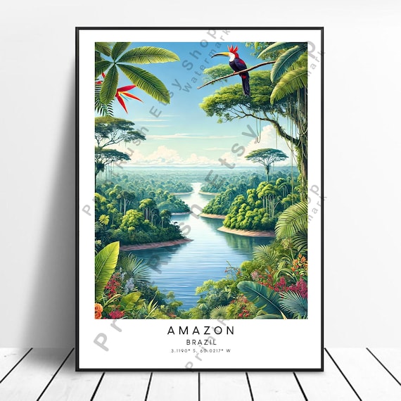 Amazon Brazil Rainforest River Toucan Lush Jungle Travel Art Poster