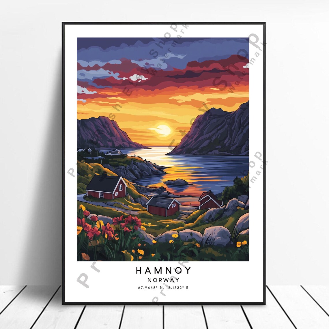 Hamnoy Norway Sunset Fjord Red Cabins Vintage Scenic Travel Poster