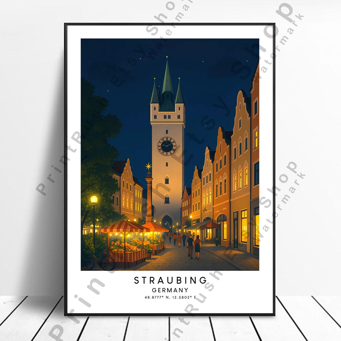 Straubing Germany Night Market Clock Tower Old Town Scene Poster