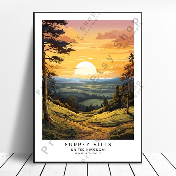 Surrey Travel Print Colourful Hills Poster Wall Art Minimalist Home Decor Gift Hanging