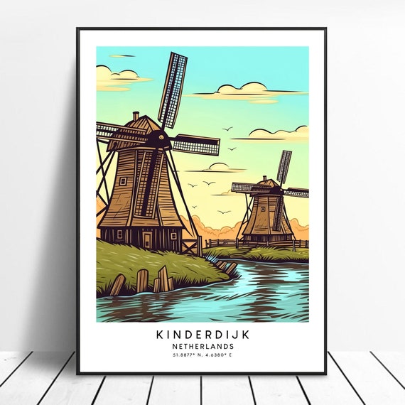 Kinderdijk Travel Print Colourful Poster Abstract Minimalist Windmills Wall Art