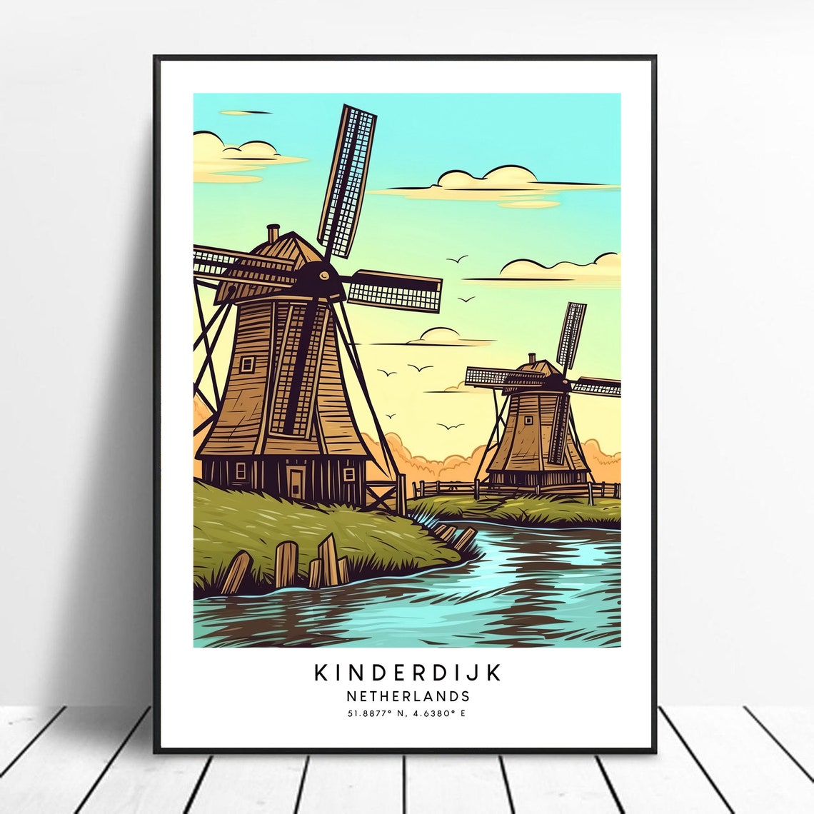 Kinderdijk Netherlands Windmills Canal Minimalist Vintage Art Poster