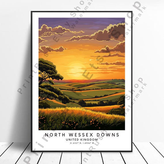 North Wessex Downs Illustration Art English Countryside View Poster Landscape Print Rolling Hills Of England Gift