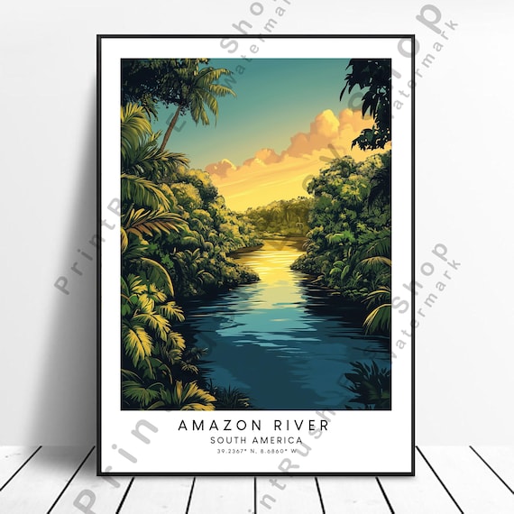 Amazon River South America Rainforest Jungle Golden Sunset Travel Poster