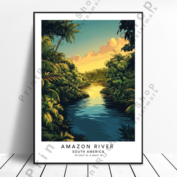 Amazon River Sunset Print Tropical Jungle Wallart Golden Hour Reflection Rainforest Poster Nature Wall Dcor Art