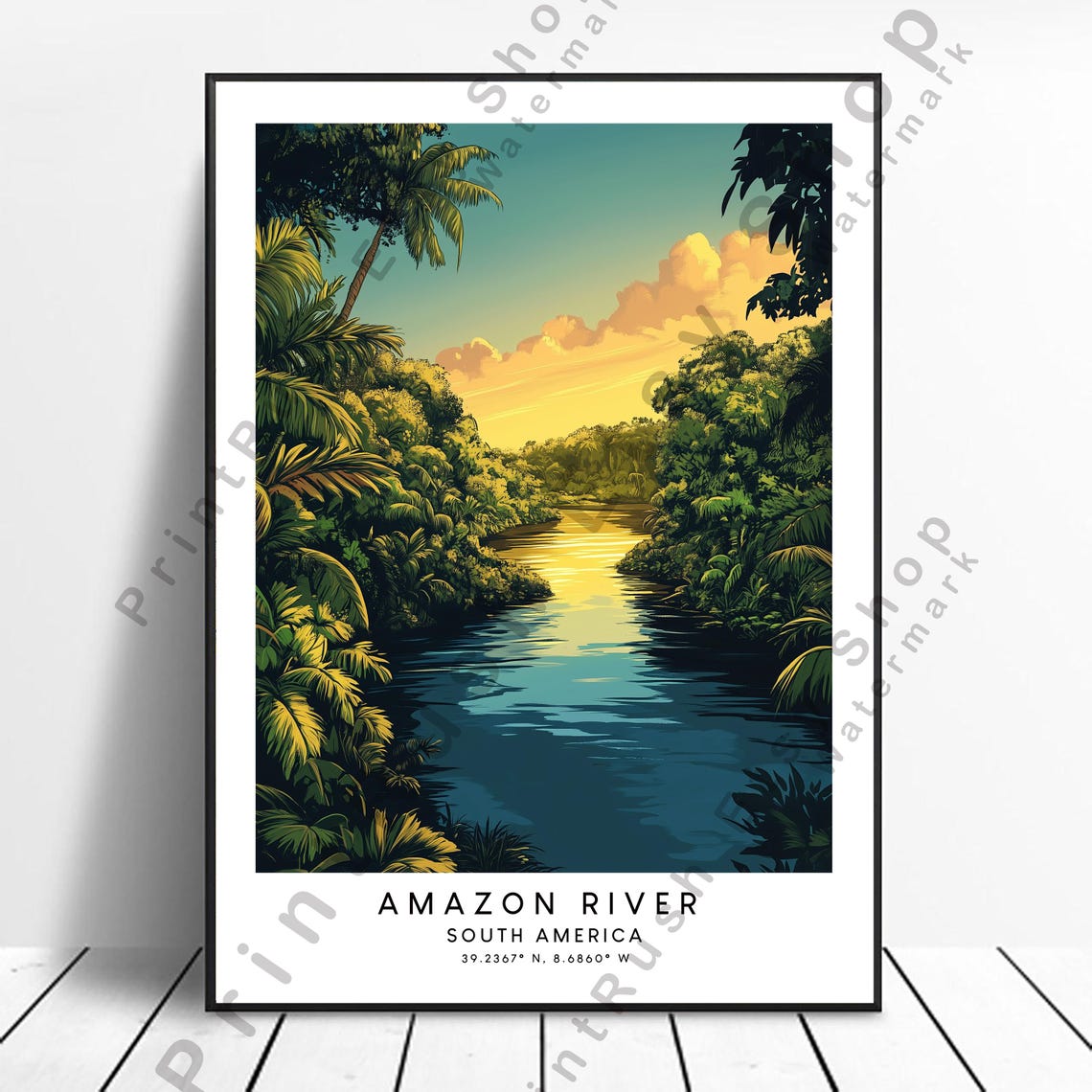 Amazon River Sunset Print Tropical Jungle Wallart Golden Hour Reflection Rainforest Poster Nature Wall Dcor Art