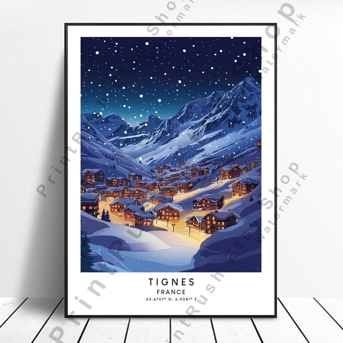 Tignes France Snowy Alpine Ski Village Night Lights Travel Poster