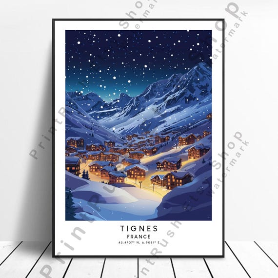 Tignes France Travel Print Illustration Art Mountain Wall Poster Home Decor French Alps Gift