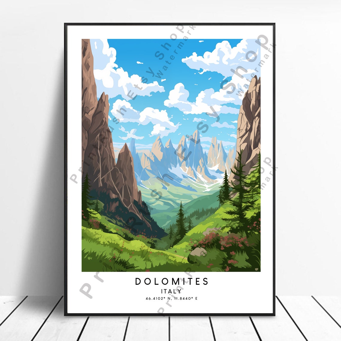 Dolomites Italy Jagged Peaks Lush Alpine Valley Travel Poster