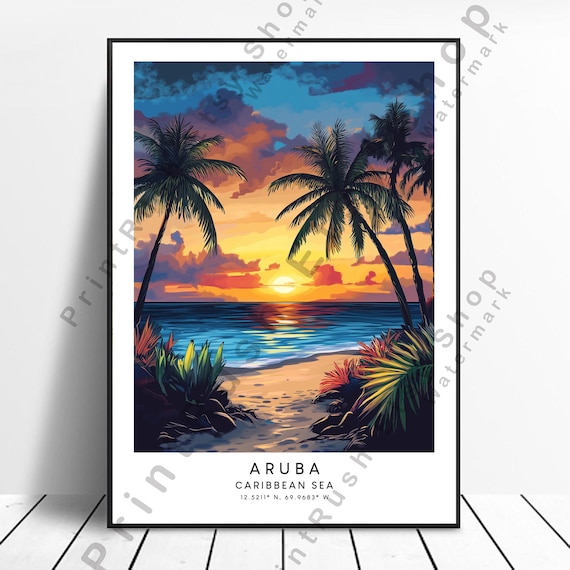 Aruba Caribbean Sunset Beach Palm Trees Tropical Ocean View Poster
