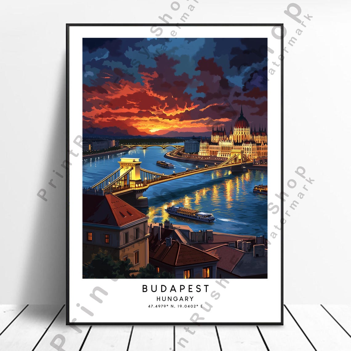 Budapest Hungary Chain Bridge Sunset Skyline Art Travel Poster