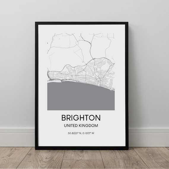 Map Print Wall Art Poster City Black And White Dcor Hove Gift