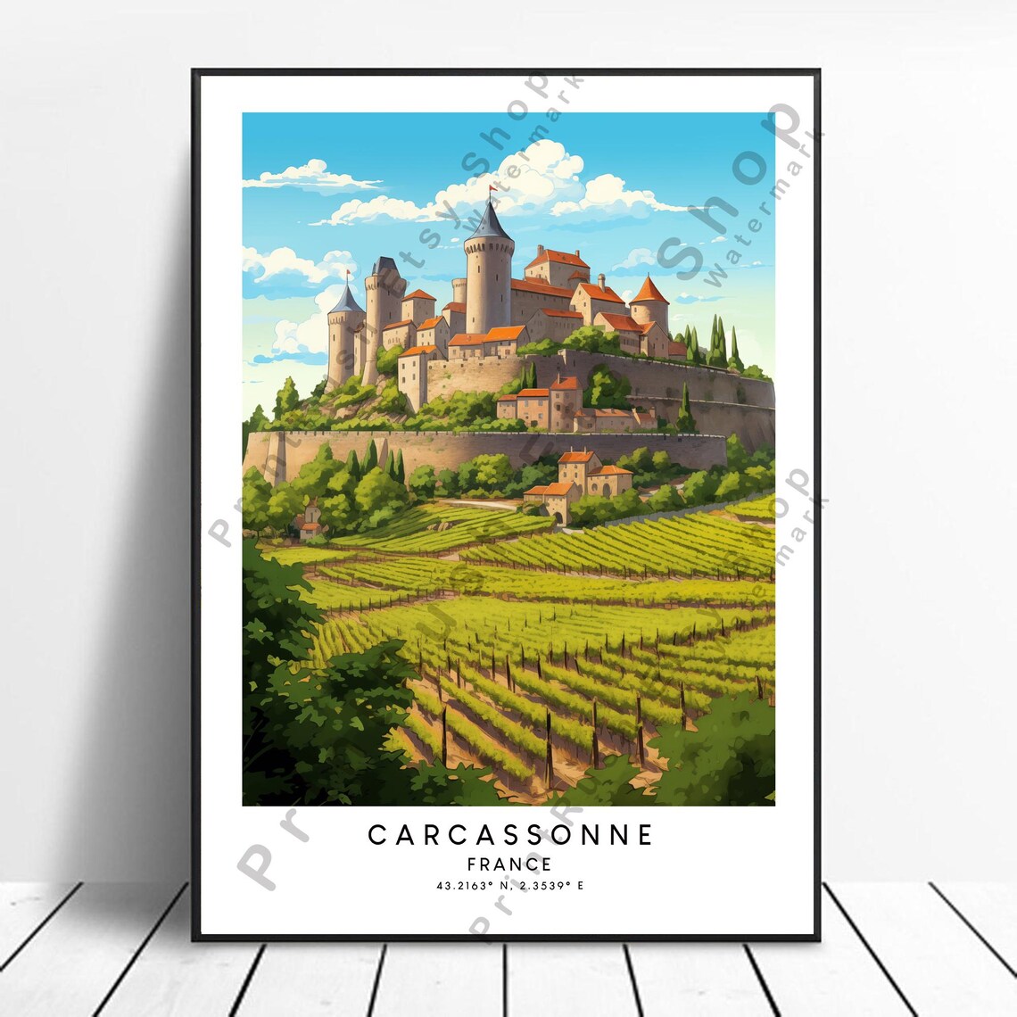 Carcassonne France Medieval Castle Vineyard Scenery Travel Poster