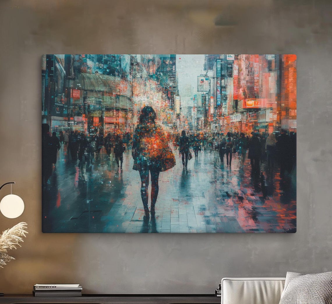 Rainy Neon City Street Abstract Crowd Night Lights Urban Art Poster