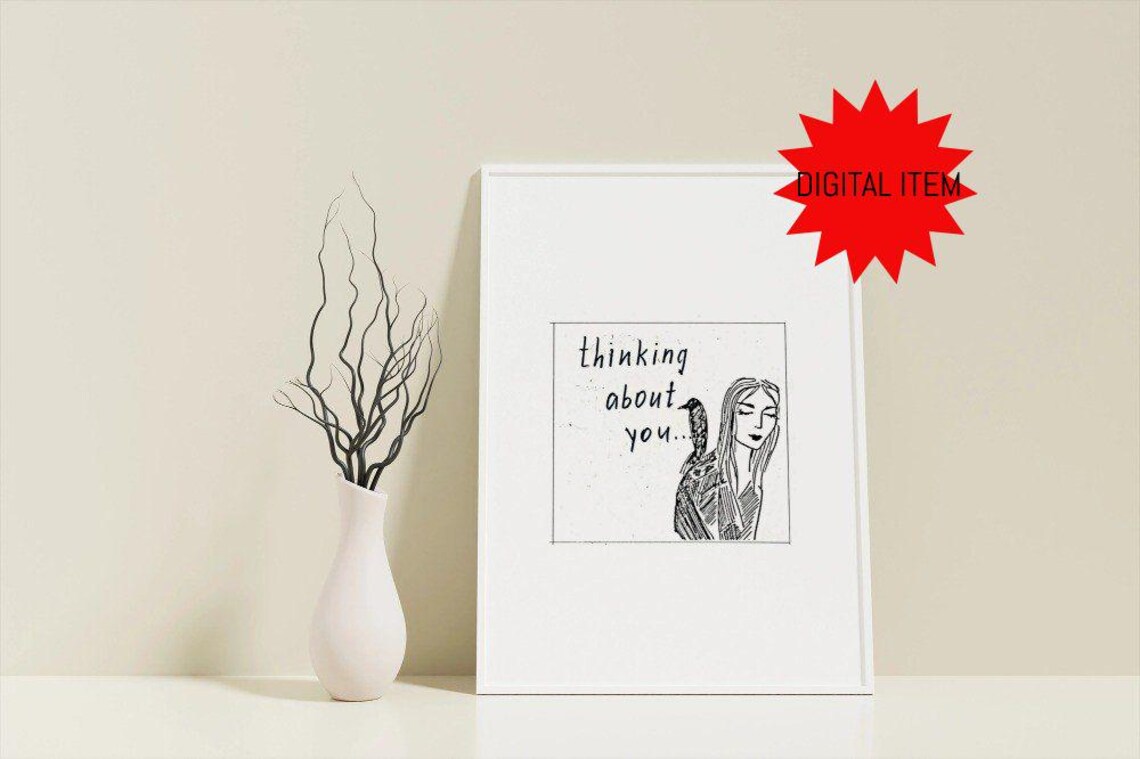 Thinking About You Woman With Bird Minimalist Ink Sketch Poster