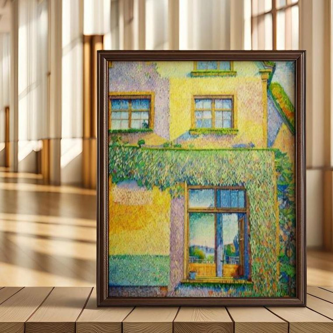 Ivy Covered House Facade Open Window Yellow Lavender Art Poster