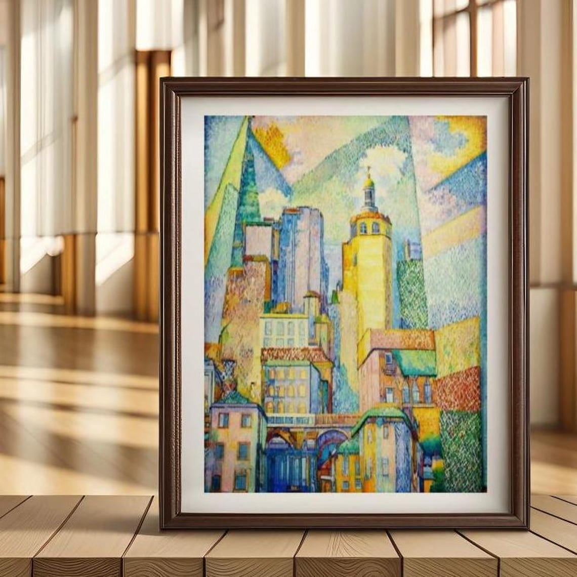 Cubist Colorful Downtown Skyline With Golden Clock Tower Poster