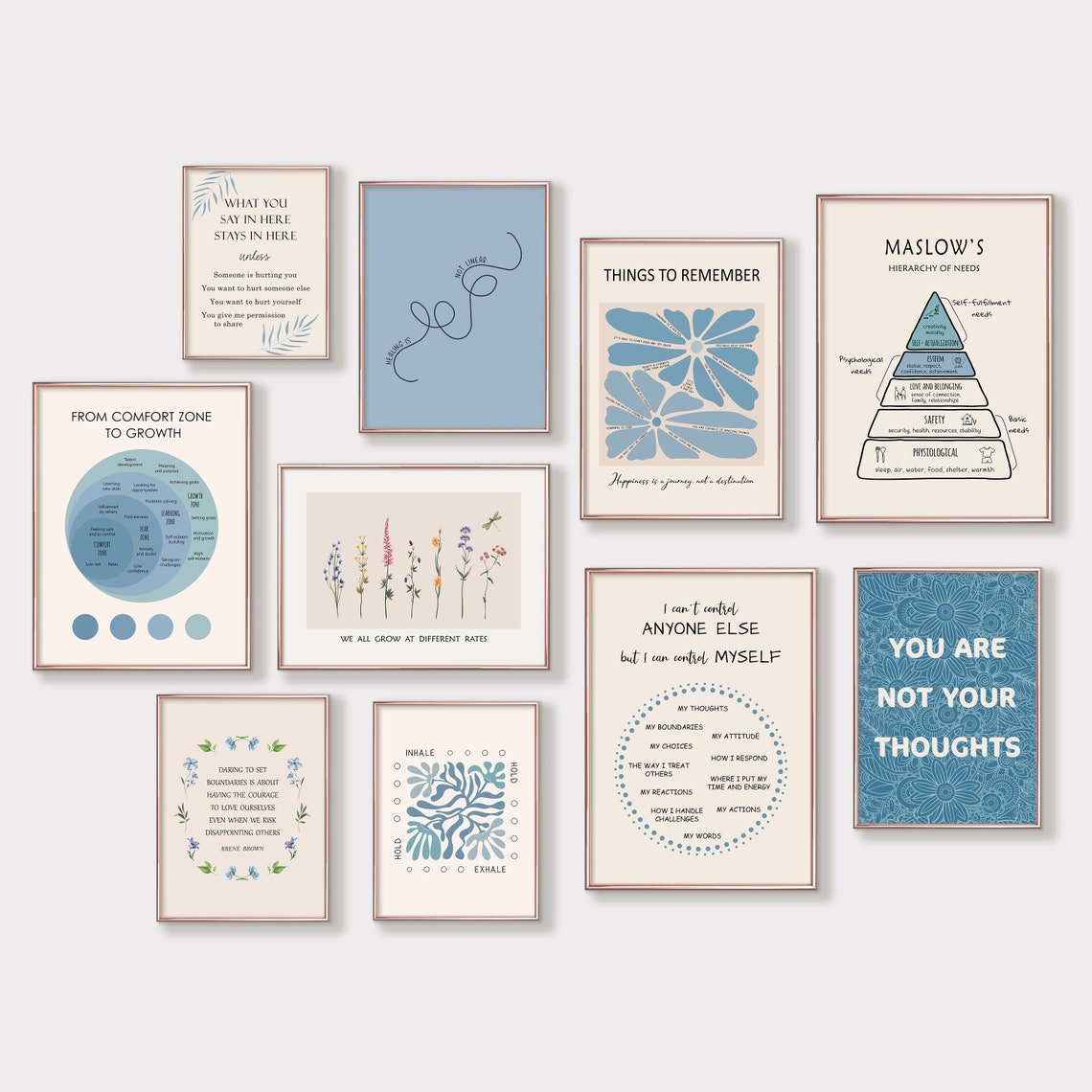 Set of 10 Blue Therapy Office Wall Decor Psychology Poster Bundle