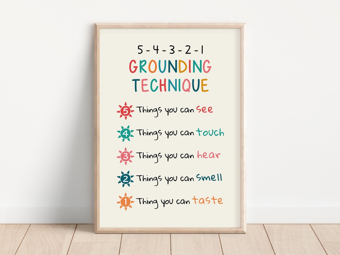 5 4 3 2 1 Grounding Technique Sunshine Handwritten Anxiety Poster