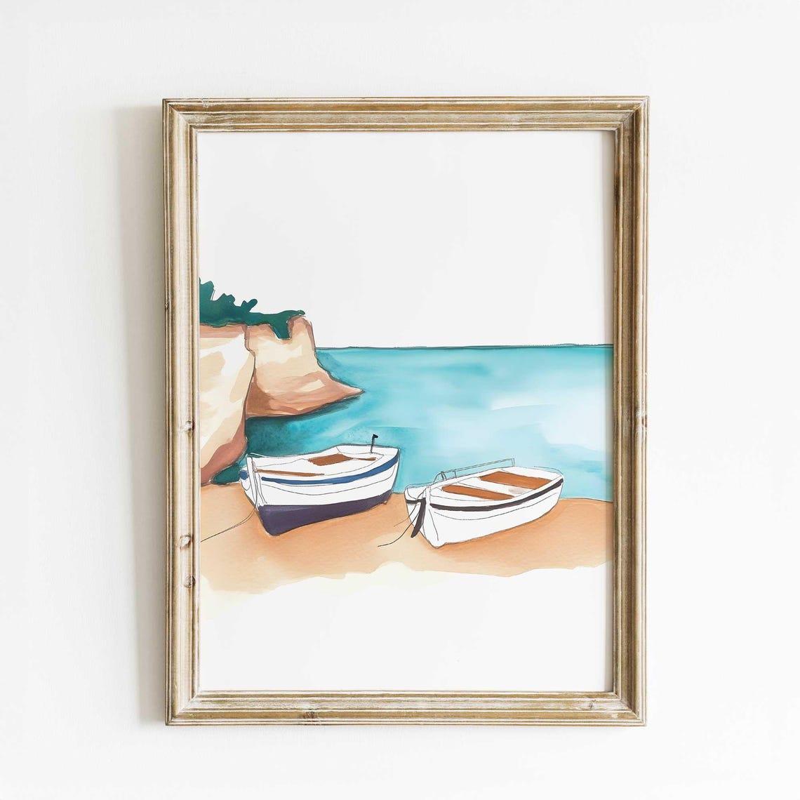 Greek Seaside Watercolor Whitewashed Houses With Boats Beach Poster