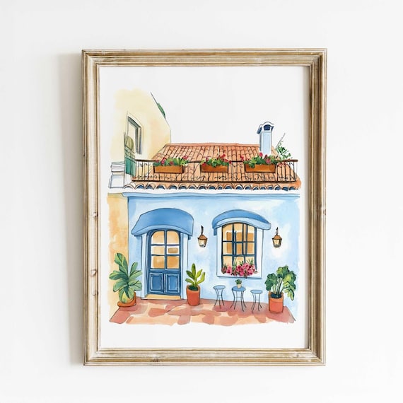 Mediterranean House Watercolor Print Spanish Balcony Wall Art Blue Door Fine Poster Floral Patio Illustration