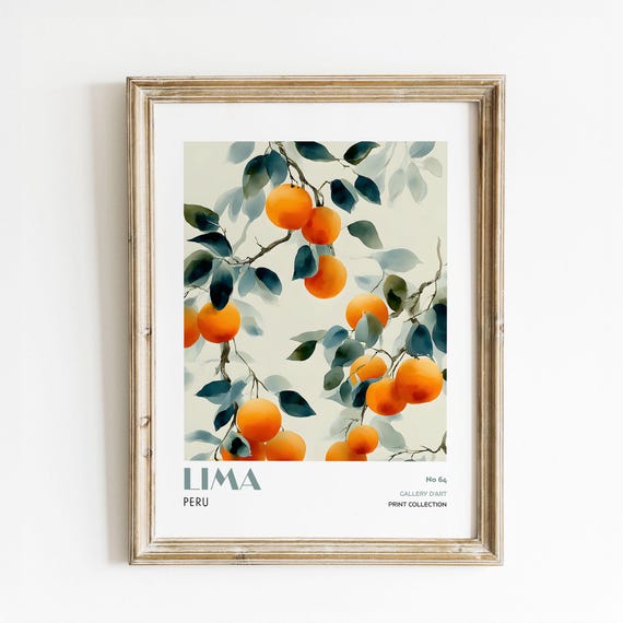 Lima Peru Orange Tree Watercolor Print Tropical Fruit Wall Art Botanical Citrus Kitchen Poster