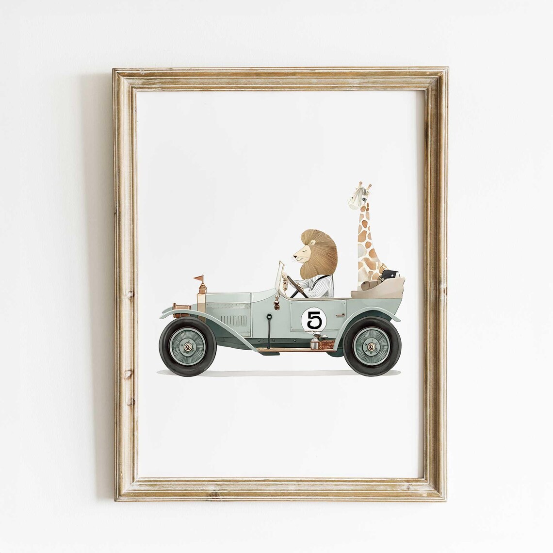 Lion And Giraffe In Vintage Car Nursery Art Print