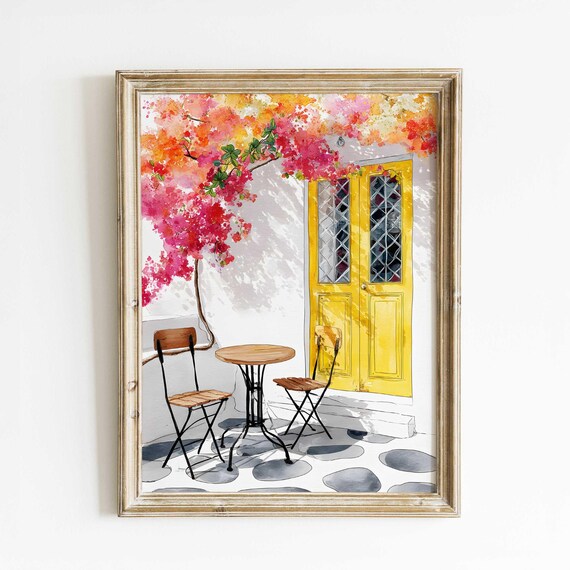 Sunny Yellow Door Cafe Bougainvillea Bistro Watercolor Poster