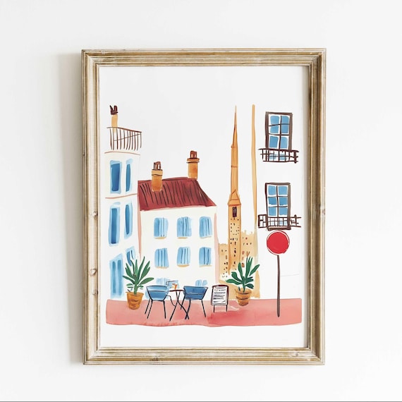 Paris Watercolor Street Scene French Café Quarter Travel Poster