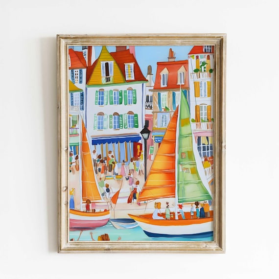French Harbor Town Print Colorful Seaside Village Art Coastal Boats Market Scene Nautical Whimsical Illustration