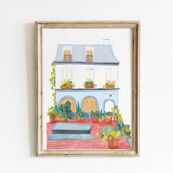 Paris Courtyard Wall Art Watercolor Urban Garden Print French Architecture Poster Floral Window Scene Illustration