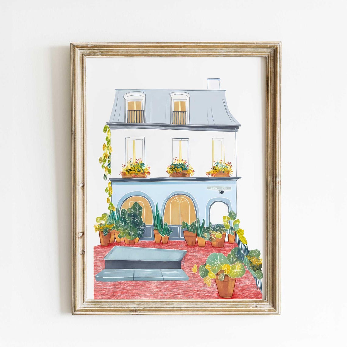 Parisian Building Facade Potted Plants Watercolor Travel Poster