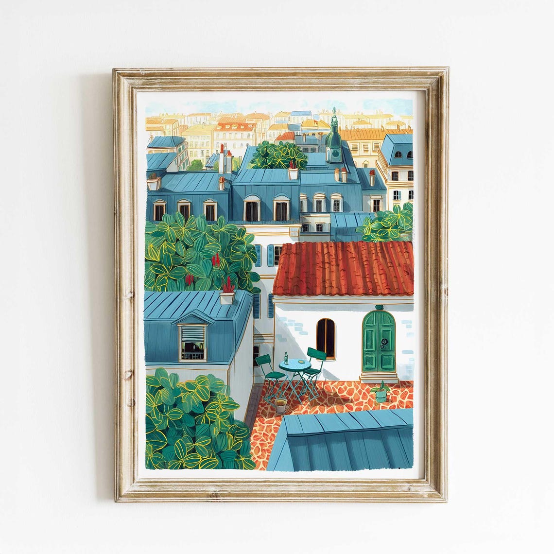 Paris Rooftop Watercolor Balcony View Over City Skyline Poster