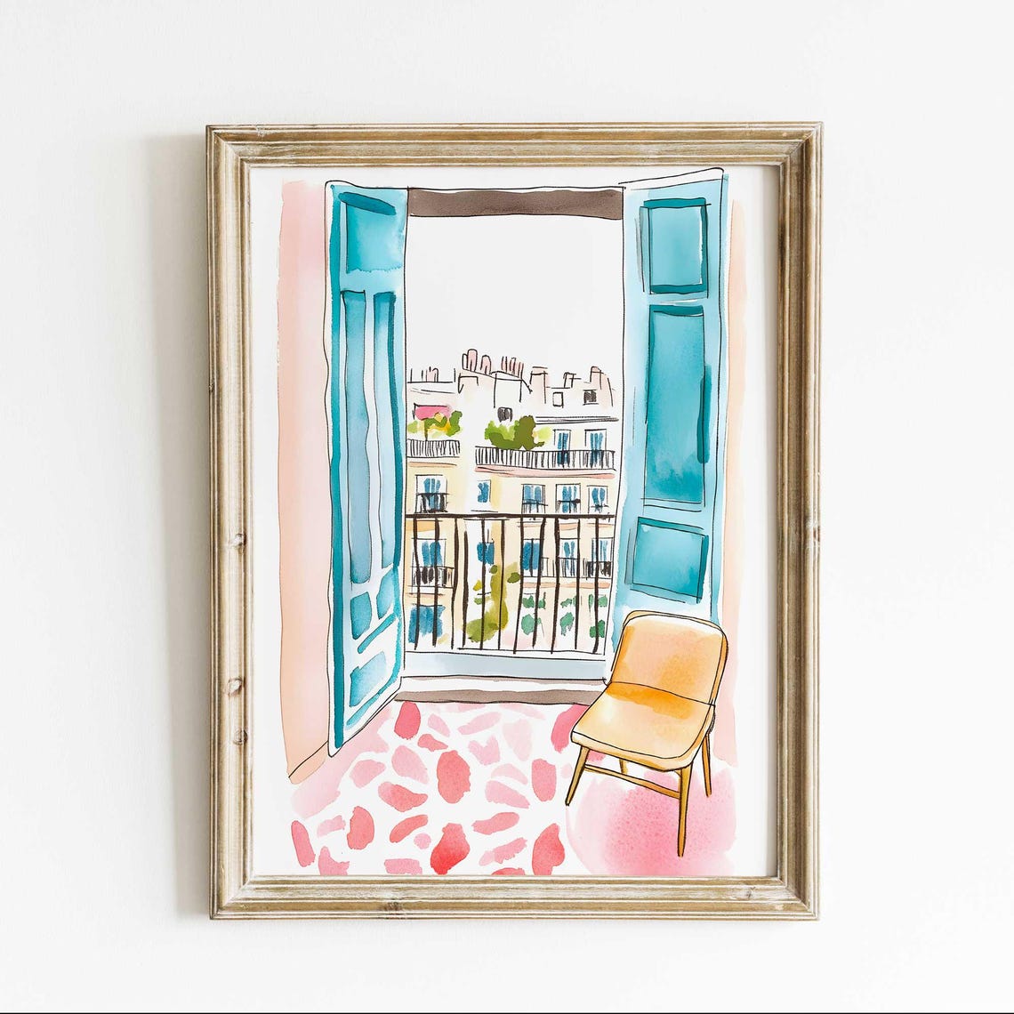 Parisian Balcony Window Watercolor Poster Teal Shutters Terrace View