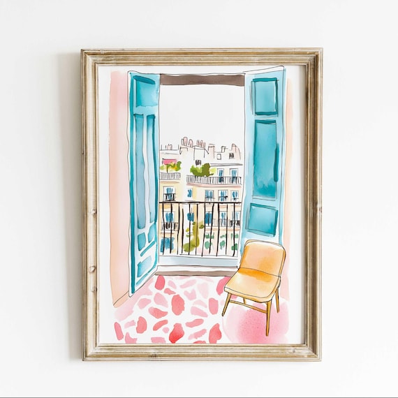 Parisian Balcony Window Watercolor Poster Teal Shutters Terrace View