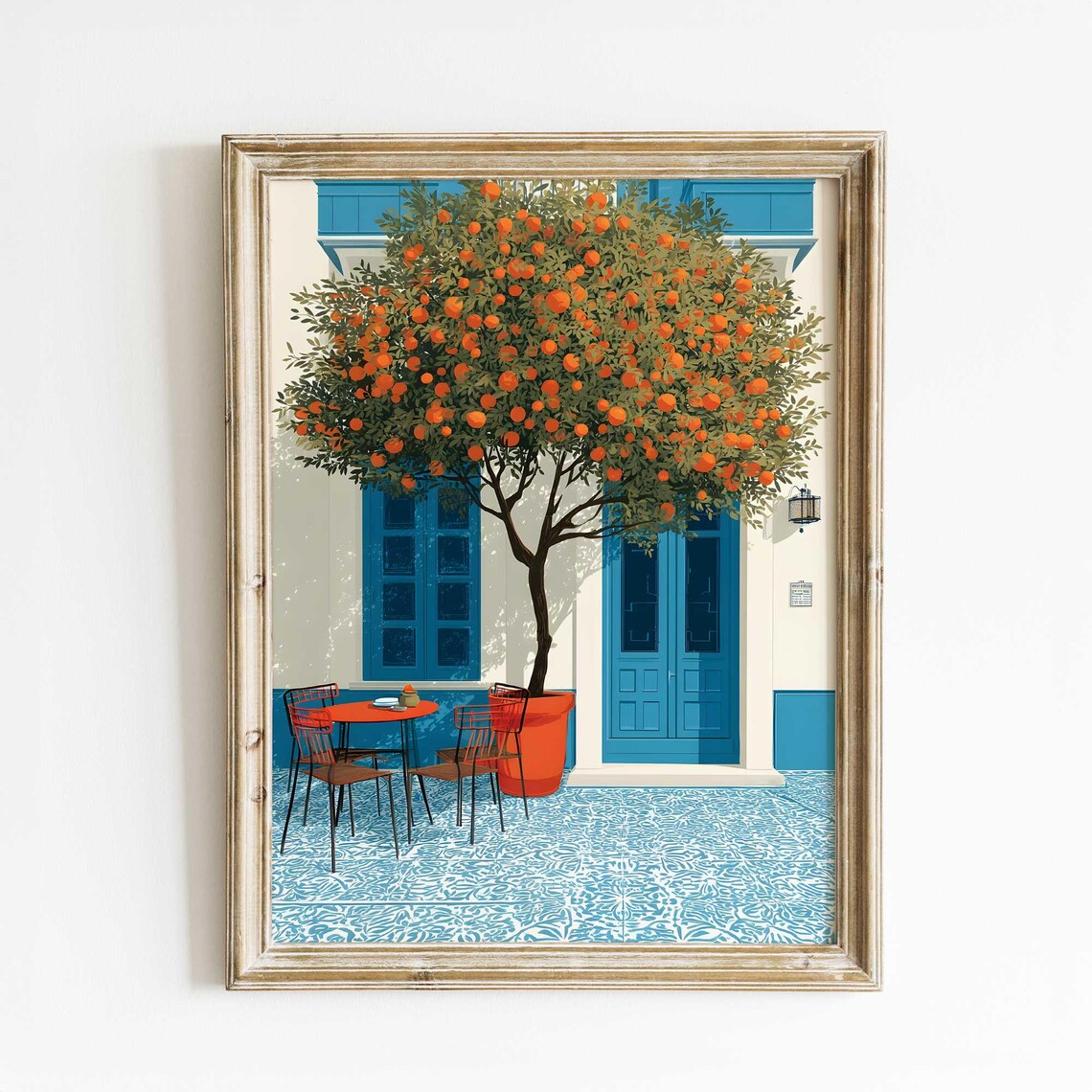 Spanish Courtyard Watercolor Art Print, Mediterranean Patio