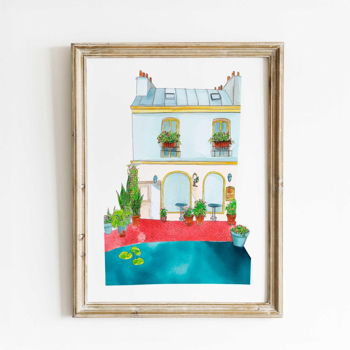 Parisian Cafe Watercolor Print with Flower Boxes and a Lily Pond