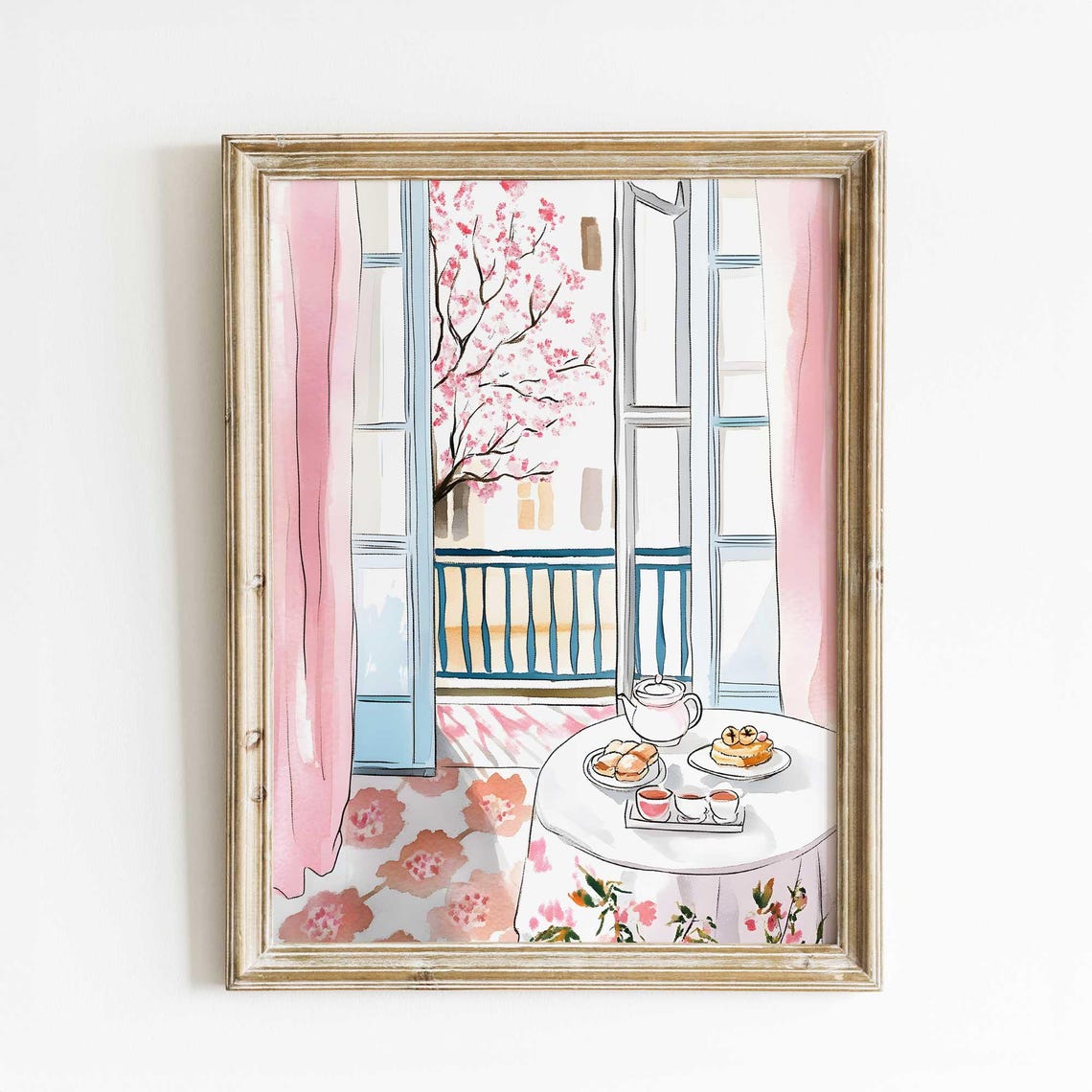 Paris Balcony Window Cherry Blossom Spring Tea Scene Art Poster