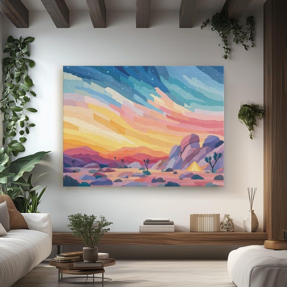 Joshua Tree Desert Watercolor Minimalist Boho Twilight Scene With Lantern Tent Sculptural Boulders Serene Hippie Socal Sunset Landscape