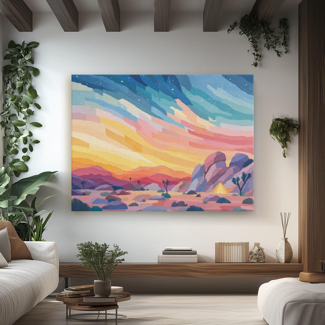 Joshua Tree Desert Watercolor Minimalist Boho Twilight Scene With Lantern Tent Sculptural Boulders Serene Hippie Socal Sunset Landscape