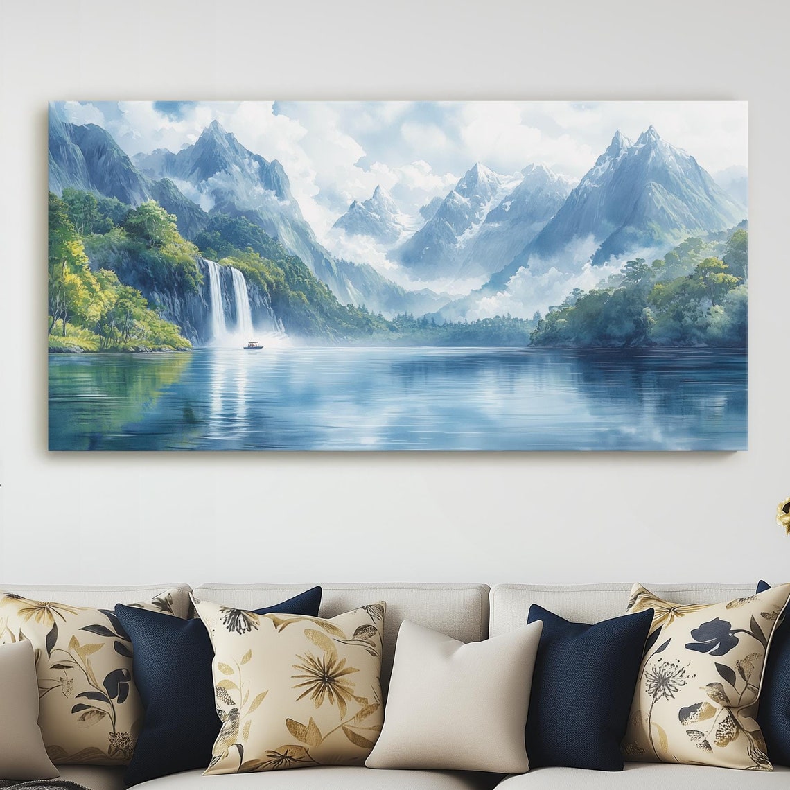 Misty Mountain Lake Waterfall Panoramic Nature Landscape Wall Art