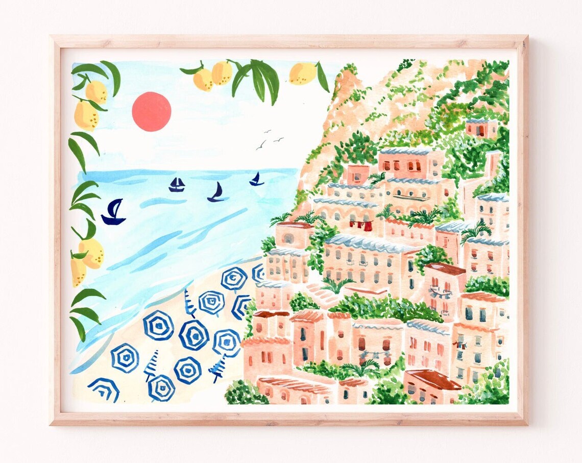Positano Watercolor Travel Poster, Italy Coast