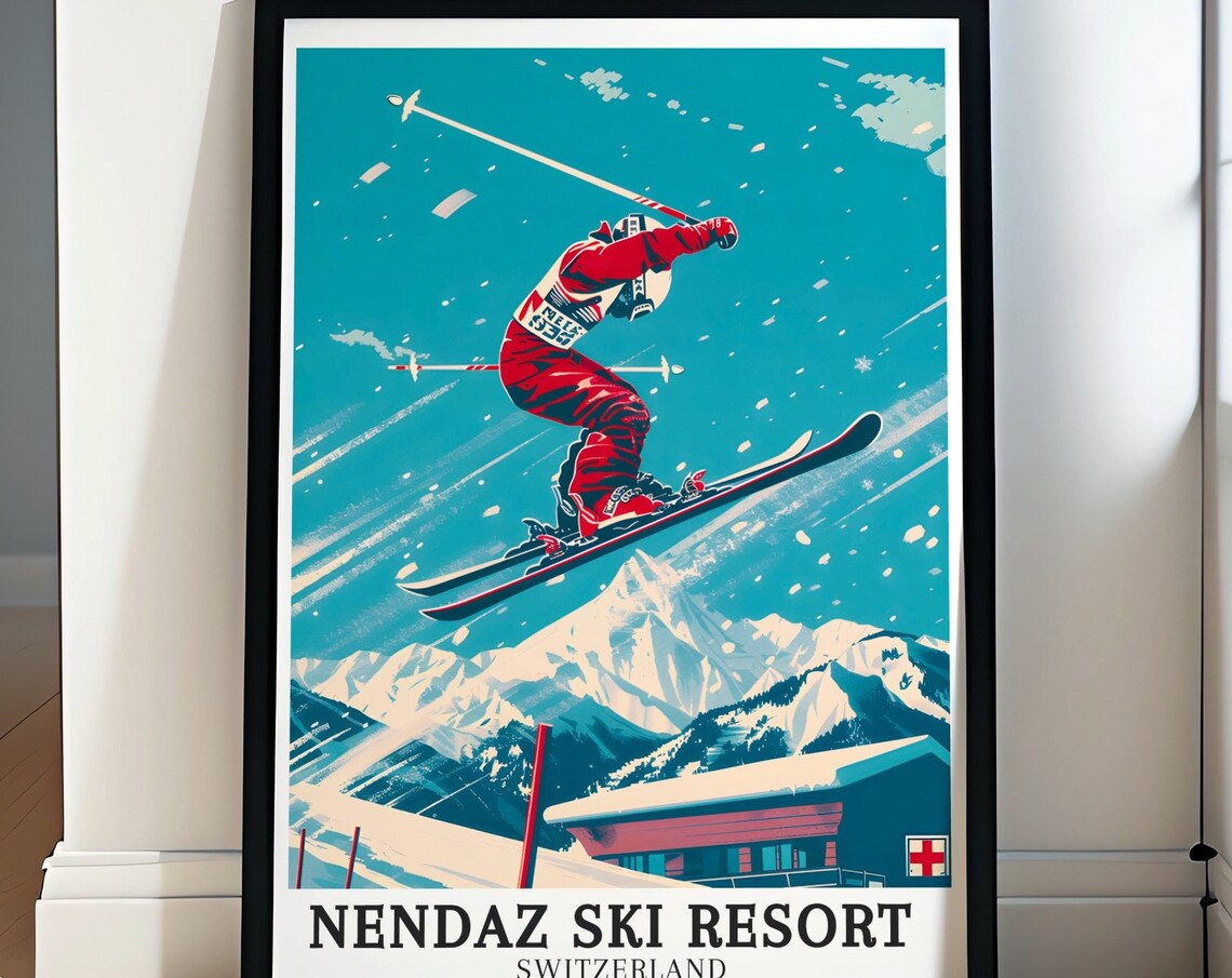 Nendaz Switzerland Retro Ski Jump Poster Alpine Winter Sports Art