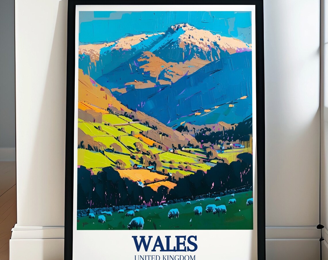 Wales Snowdonia Sheep Meadow Colorful Mountains Travel Poster