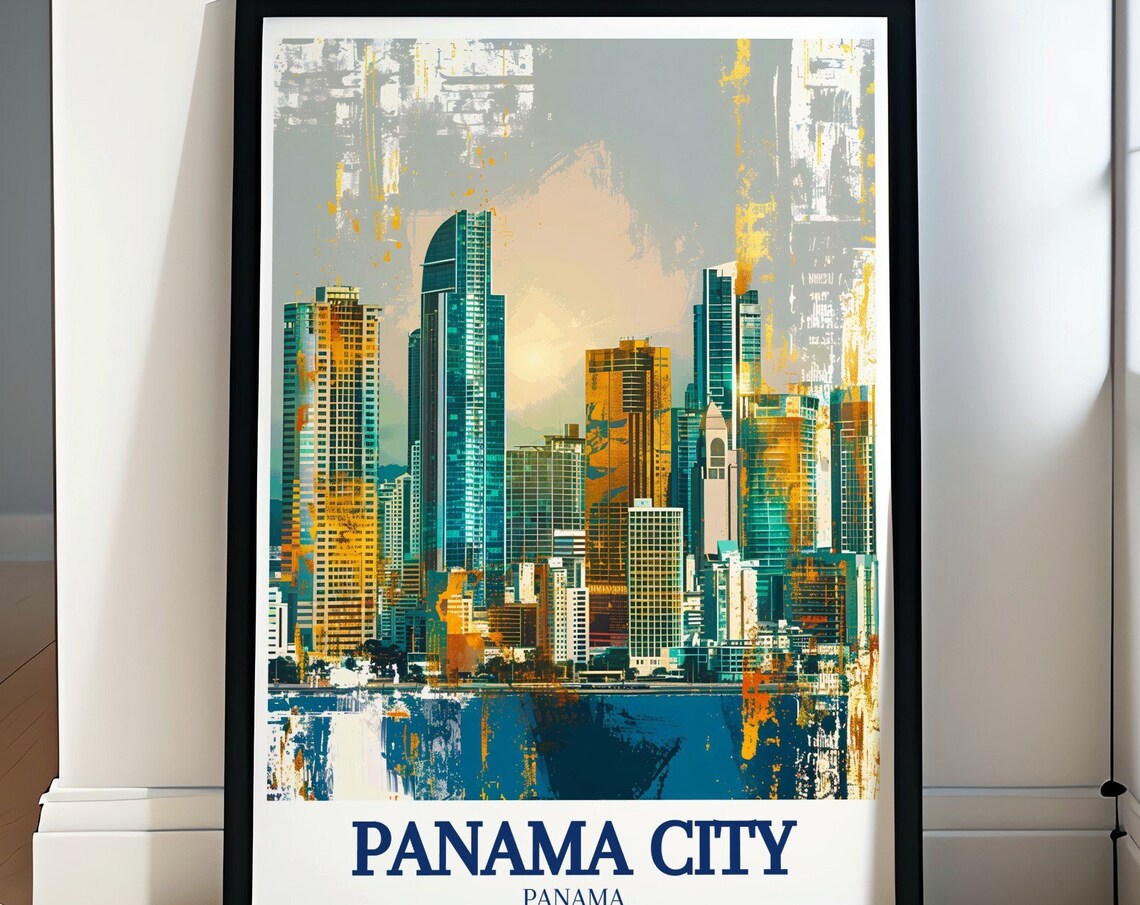 Panama City Panama Modern Skyline Teal Gold Abstract Art Poster