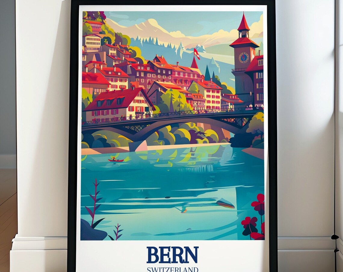 Bern Switzerland Nydegg Bridge Aare River Old Town Scene Poster