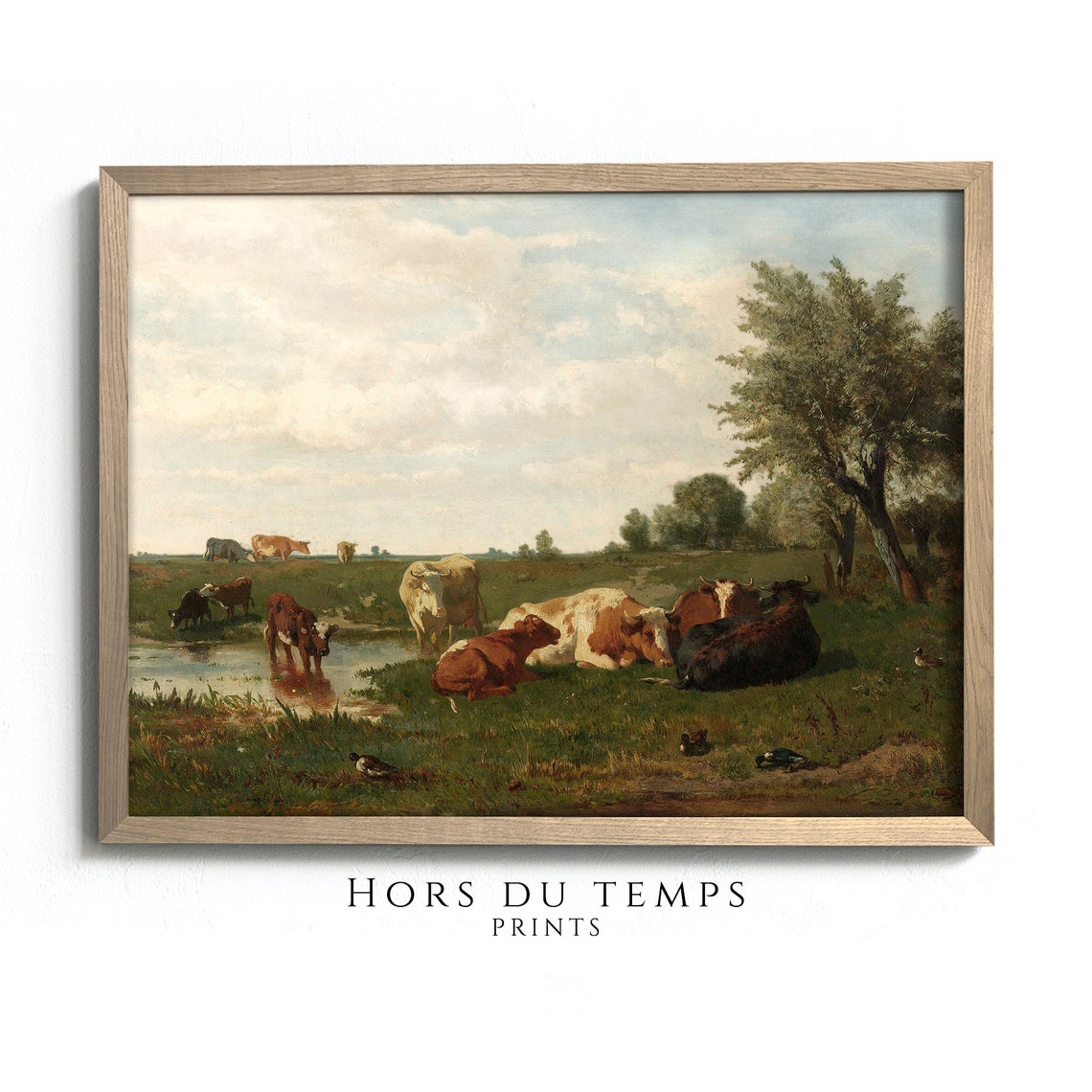 Herd of Cows by Pond Meadow Scene Vintage Pastoral Oil Art Poster