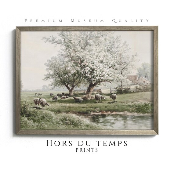 Sheep Grazing Under Blossoming Trees Vintage Spring Pastoral Poster
